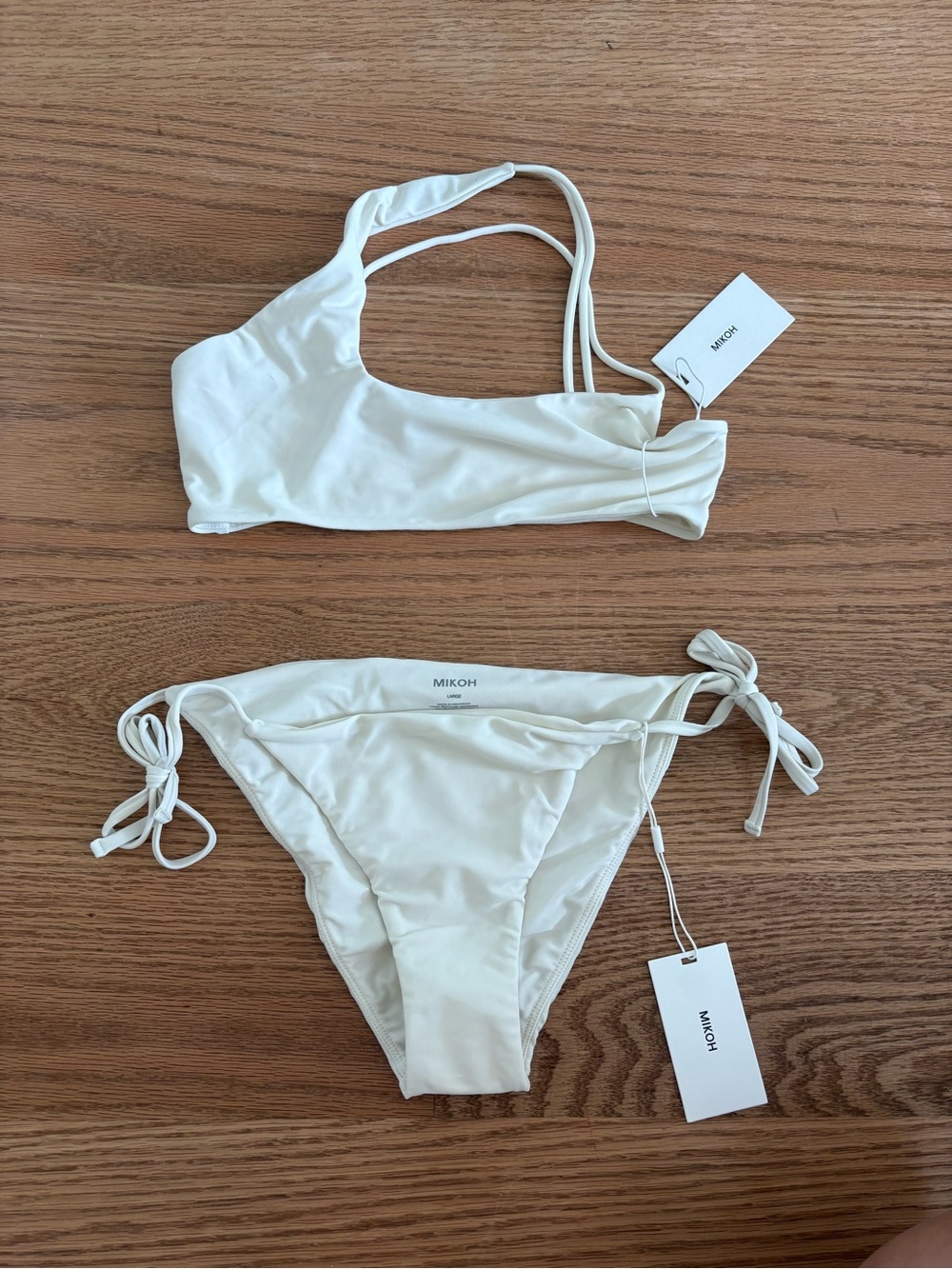 Mikoh Cream One-Shoulder Bikini with Tie-Side Bottoms